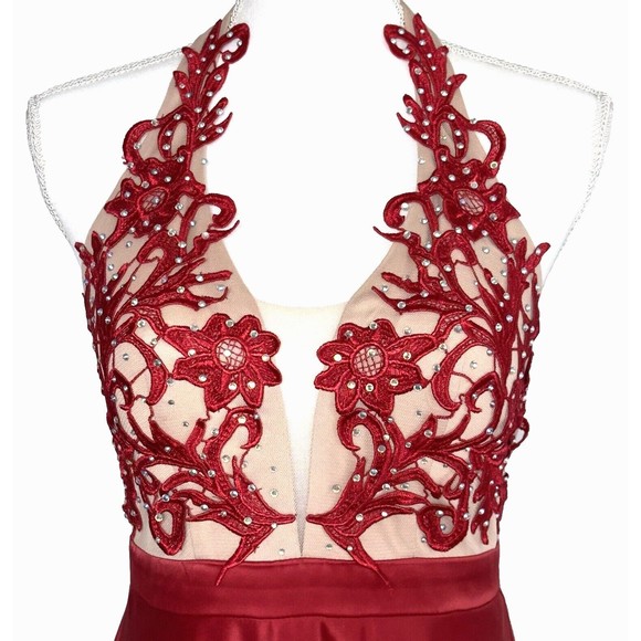 Say Yes To The Prom Embroidered Lace A-Line Dress Size 1 Pockets Backless Red - Picture 3 of 16